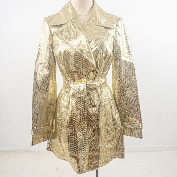 Vintage Jackets & Blazers - Vintage 90s S Real Leather Gold Croc Print Coat